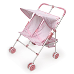Folding Double Doll Umbrella Stroller Pink Gingham Check Dual Seating Compact Steel Frame