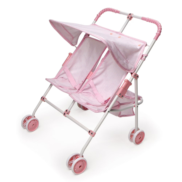 Folding Double Doll Umbrella Stroller Pink Gingham Check Dual Seating Compact Steel Frame