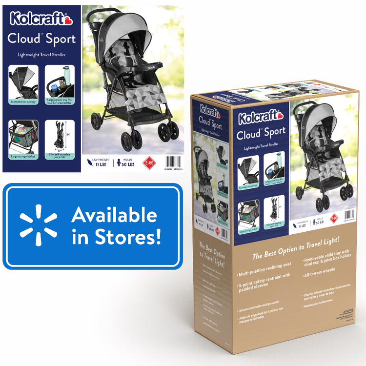 Kolcraft Cloud Sport Lightweight Stroller Gray Black Travel Friendly Compact Fold 5-Point Harness