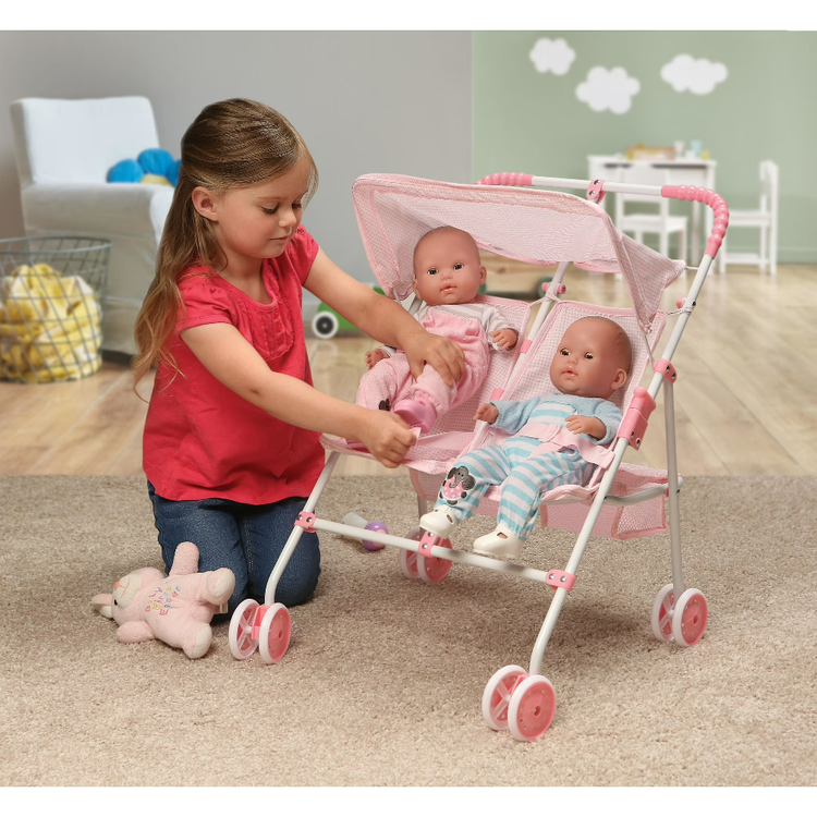 Folding Double Doll Umbrella Stroller Pink Gingham Check Dual Seating Compact Steel Frame