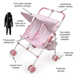 Folding Double Doll Umbrella Stroller Pink Gingham Check Dual Seating Compact Steel Frame